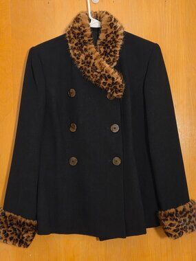 Vintage Shani Blazer Jacket Mink Collar Cuffs Womens 8 Black Mob Wife USA Made